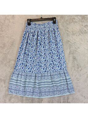 J Jill Skirt Womens PXS Blue Floral Peasant Midi Elastic Waist Tiered Ruffle